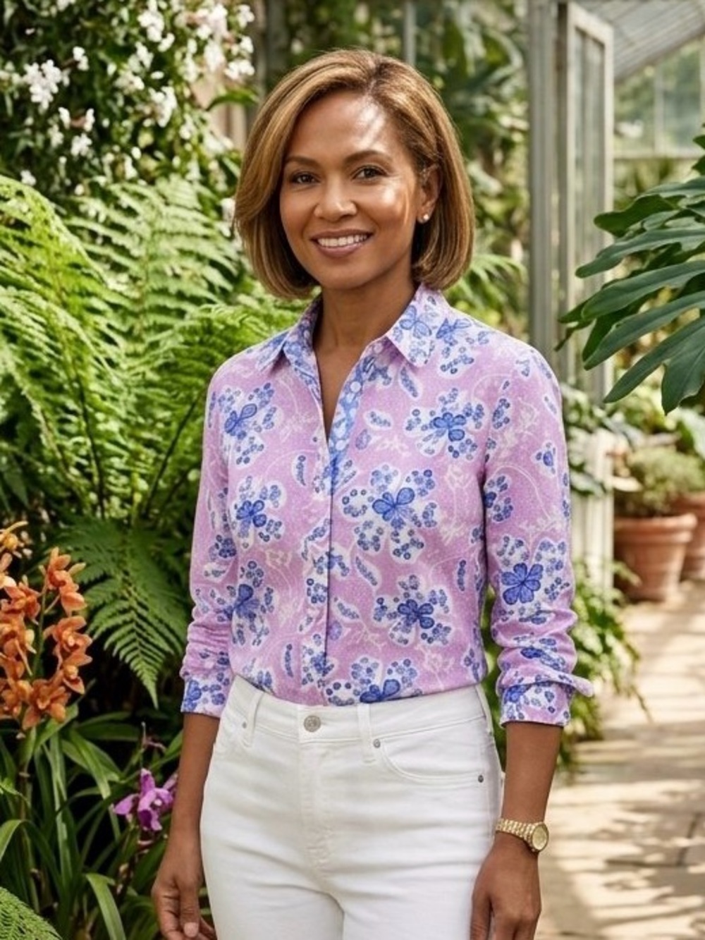 Talbots Floral Classic Cotton Button Down Blouse Shirt Pink Purple Petite Sp